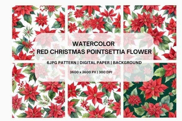 Download 6JPG WATERCOLOR POINSETTIA XMAS PATTERNS - Xmas patterns Collection